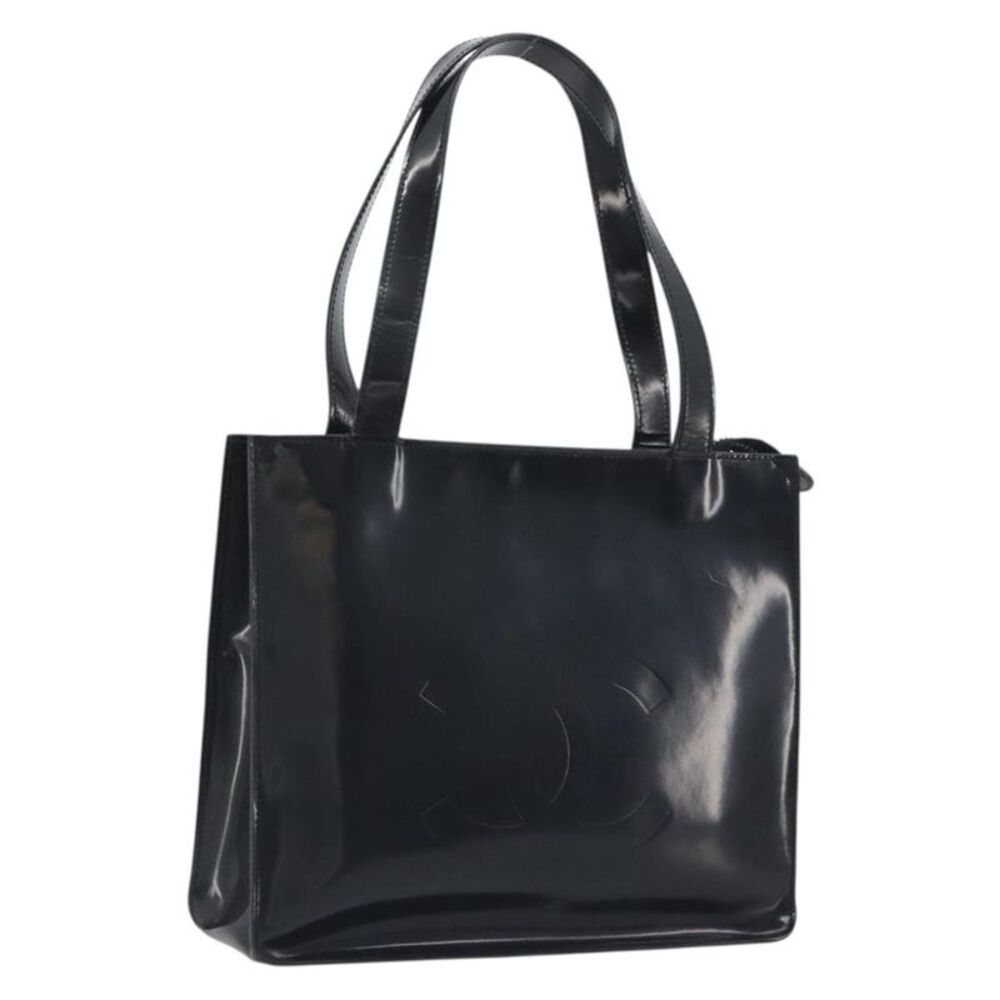 Chanel Vintage Embossed Logo Shoulder Patent Black Patent_Leather Tote Bag Bag